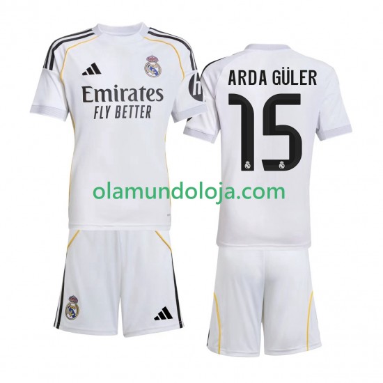 Camisola Real Madrid Arda Guler 15 Criança Equipamento Primeiro 2025-2026 Manga Curta